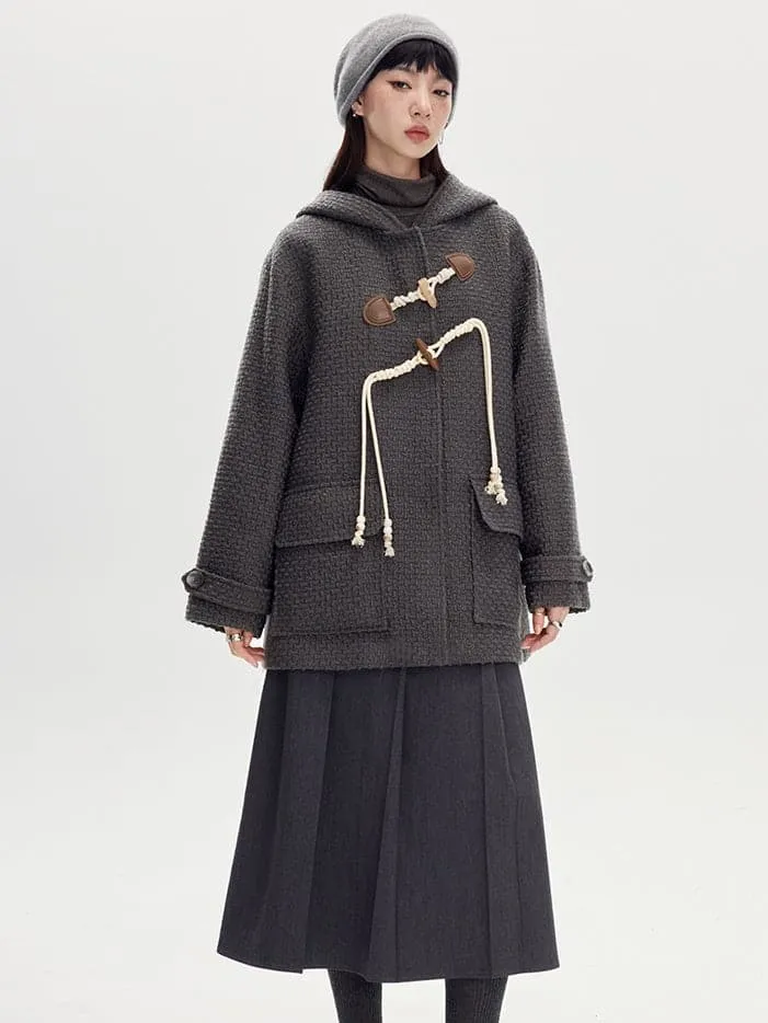 Horn Buckle Wool Coat With Hood