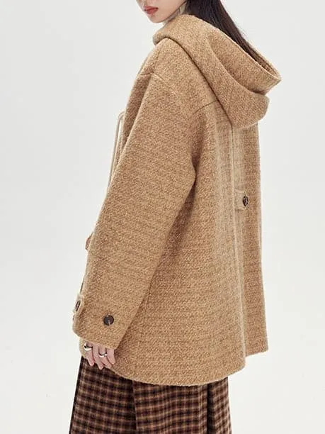 Horn Buckle Wool Coat With Hood