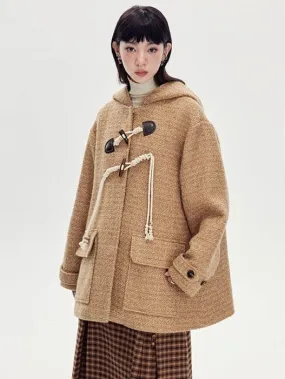 Horn Buckle Wool Coat With Hood