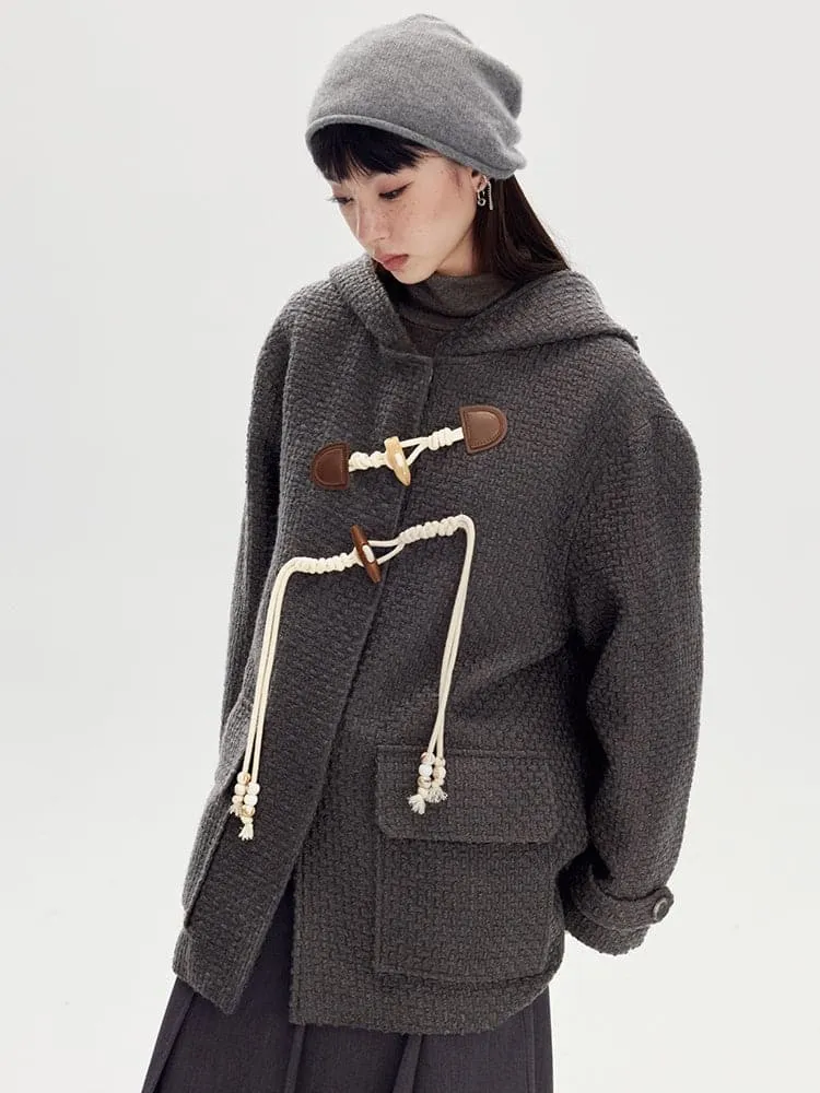 Horn Buckle Wool Coat With Hood