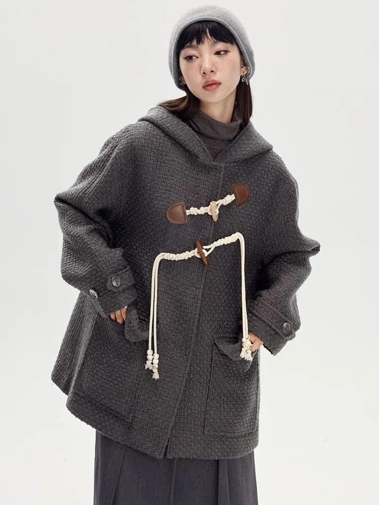 Horn Buckle Wool Coat With Hood