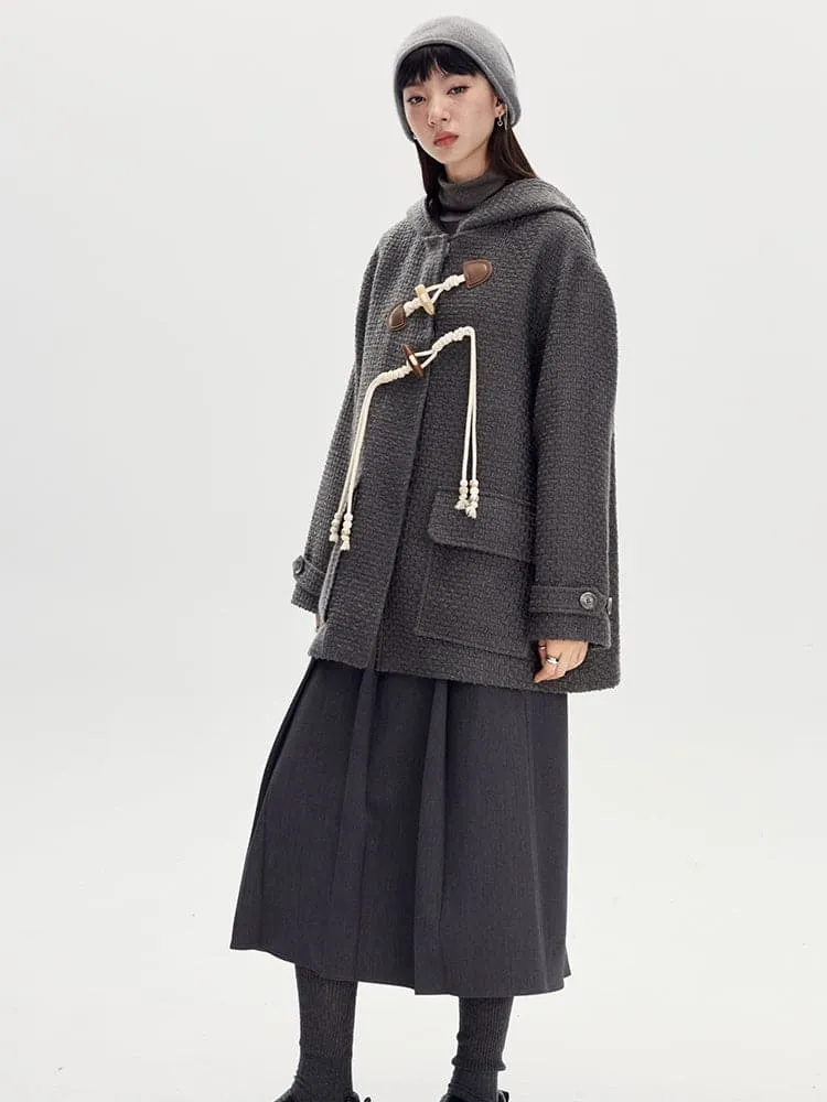 Horn Buckle Wool Coat With Hood