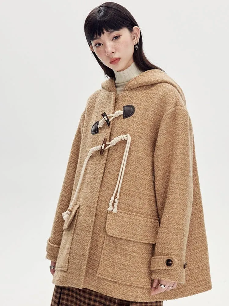 Horn Buckle Wool Coat With Hood