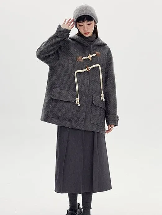 Horn Buckle Wool Coat With Hood