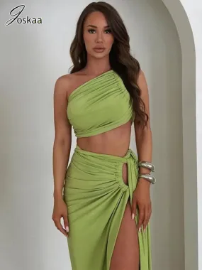 Joskaa Elegant Solid 2 Piece Sets Women Outfit Sexy Pleated Vests and Bandage Split Maxi Skirt Matching 2024 Vacation Beachwear