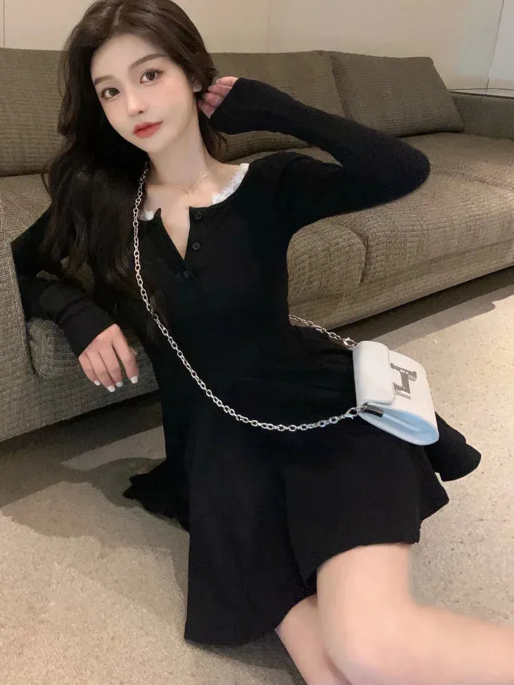 Knitted Black Wrap Dress Women Korean Style Bodycon Lace Long Sleeve Short Dresses Autumn Kpop Outfits Solid