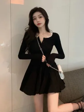 Knitted Black Wrap Dress Women Korean Style Bodycon Lace Long Sleeve Short Dresses Autumn Kpop Outfits Solid