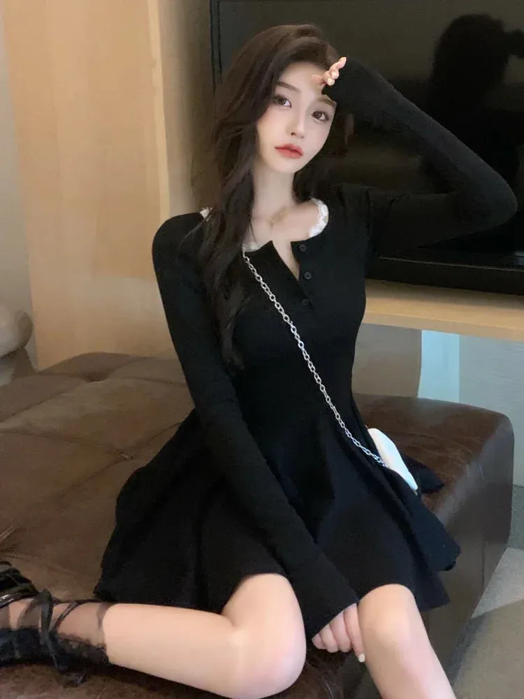 Knitted Black Wrap Dress Women Korean Style Bodycon Lace Long Sleeve Short Dresses Autumn Kpop Outfits Solid