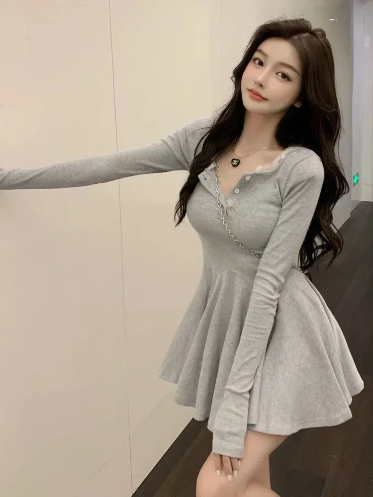 Knitted Black Wrap Dress Women Korean Style Bodycon Lace Long Sleeve Short Dresses Autumn Kpop Outfits Solid