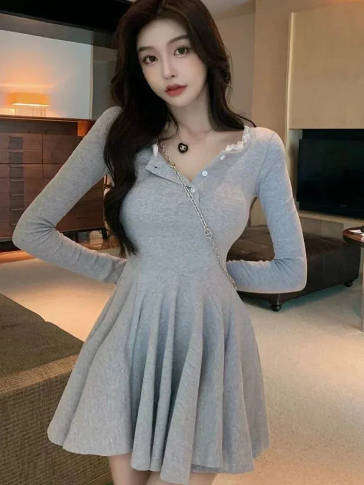 Knitted Black Wrap Dress Women Korean Style Bodycon Lace Long Sleeve Short Dresses Autumn Kpop Outfits Solid