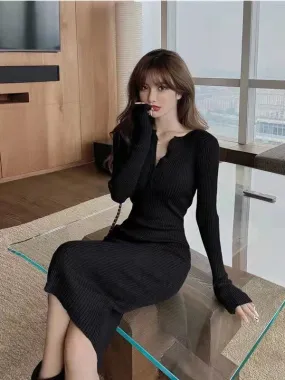 Knitted Bodyon Wrap Black Dress Women Sexy Slim Party Short Dresses Evening Autumn Korean Fashion Long Sleeve Robe