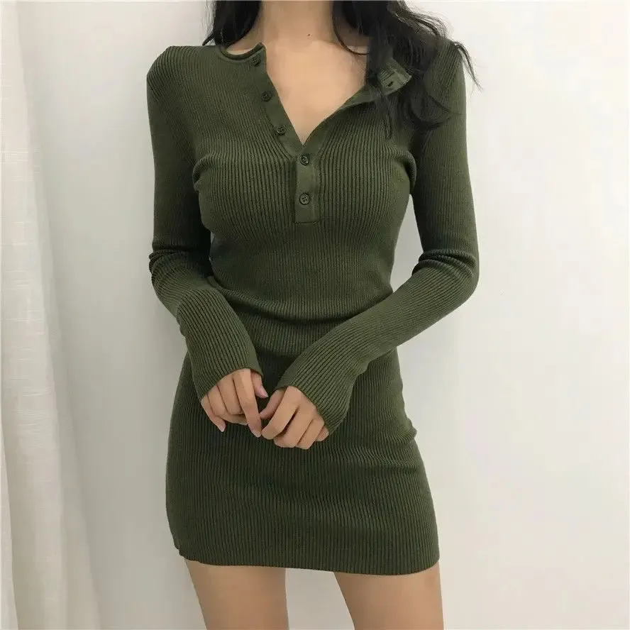 Knitted Bodyon Wrap Black Dress Women Sexy Slim Party Short Dresses Evening Autumn Korean Fashion Long Sleeve Robe