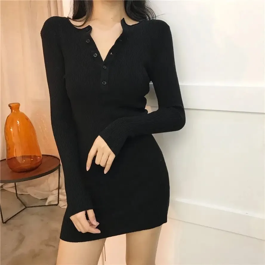 Knitted Bodyon Wrap Black Dress Women Sexy Slim Party Short Dresses Evening Autumn Korean Fashion Long Sleeve Robe