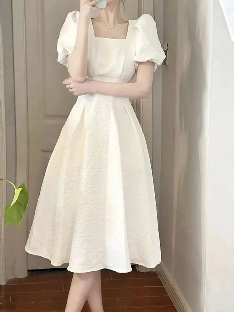 Korean Puff Sleeve Wrap Dress Woman French Vintage Retro Elegant Midi Dresses Square Collar Summer Solid Kpop