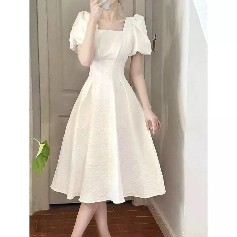 Korean Puff Sleeve Wrap Dress Woman French Vintage Retro Elegant Midi Dresses Square Collar Summer Solid Kpop