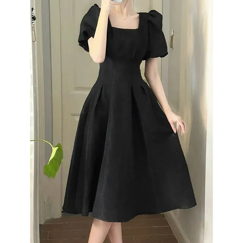 Korean Puff Sleeve Wrap Dress Woman French Vintage Retro Elegant Midi Dresses Square Collar Summer Solid Kpop