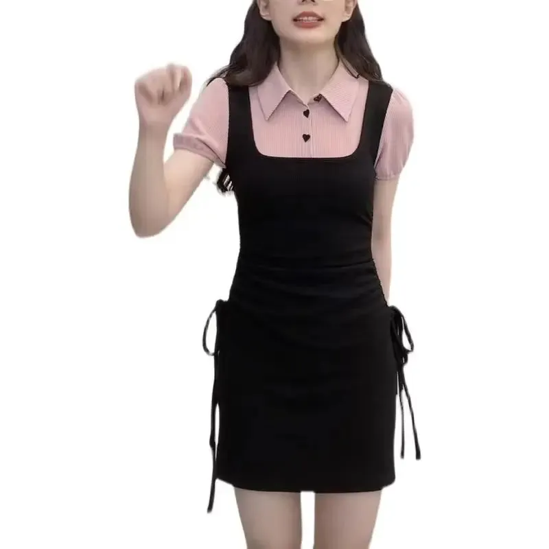 Korean Style School Mini Dress Women Kpop Y2k Polo Puff Sleeve Black Wrap Bodycon Short Dresses Fashion