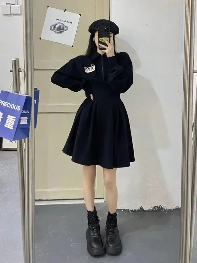 Korean Zip Oversized Black Mini Dress Women Kpop Letter School Student Sport Wrap Long Sleeve Short Dresses Autumn