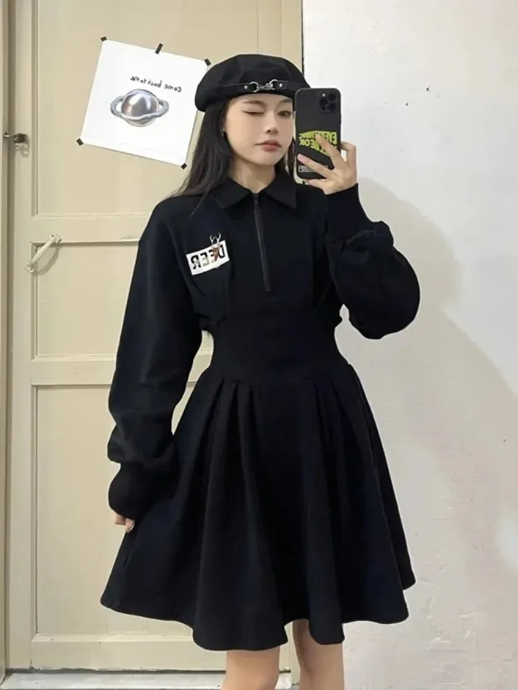 Korean Zip Oversized Black Mini Dress Women Kpop Letter School Student Sport Wrap Long Sleeve Short Dresses Autumn