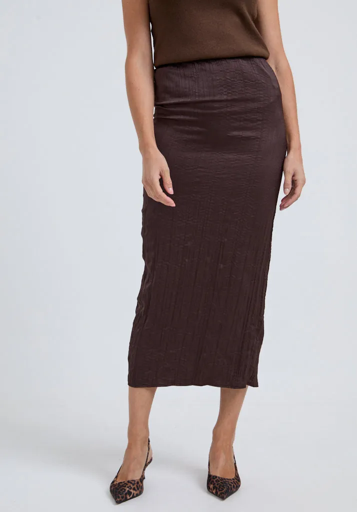 Lala Crinkle Pencil Midi Skirt In Brown