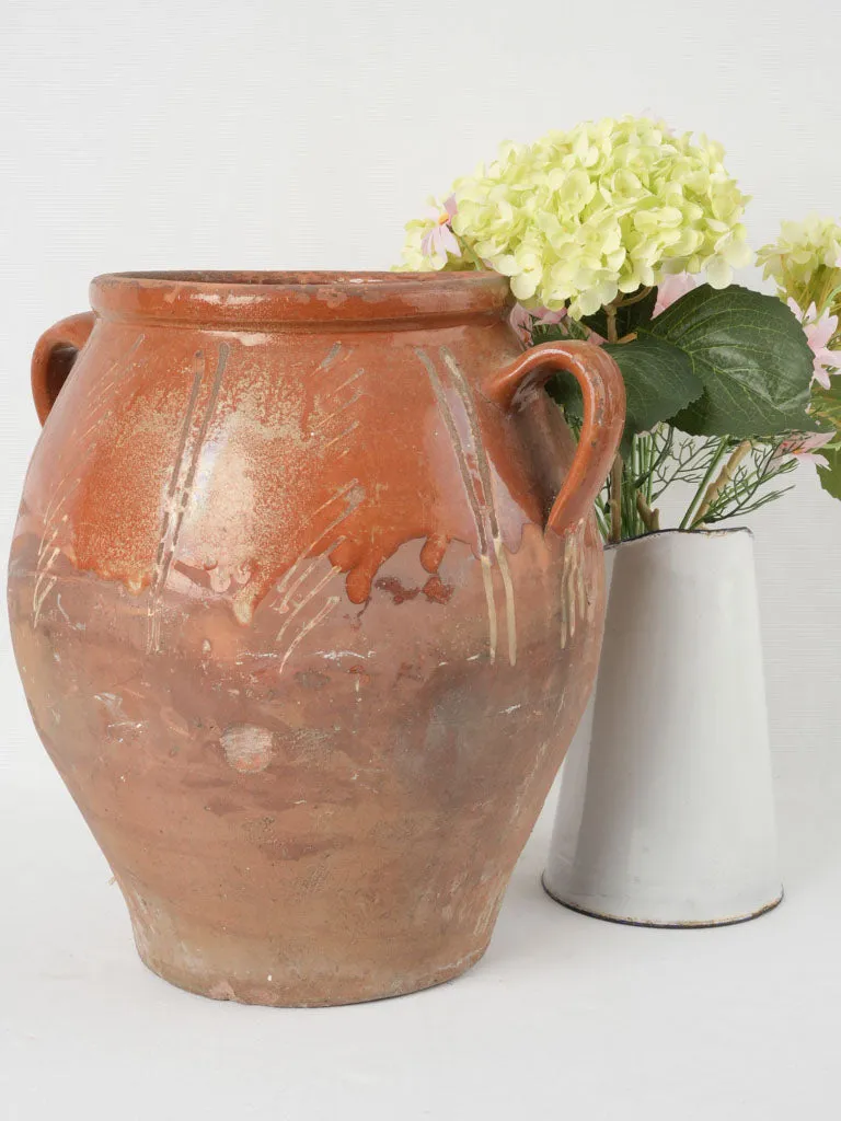 Large antique French confit pot - orange w/ marks 16½"