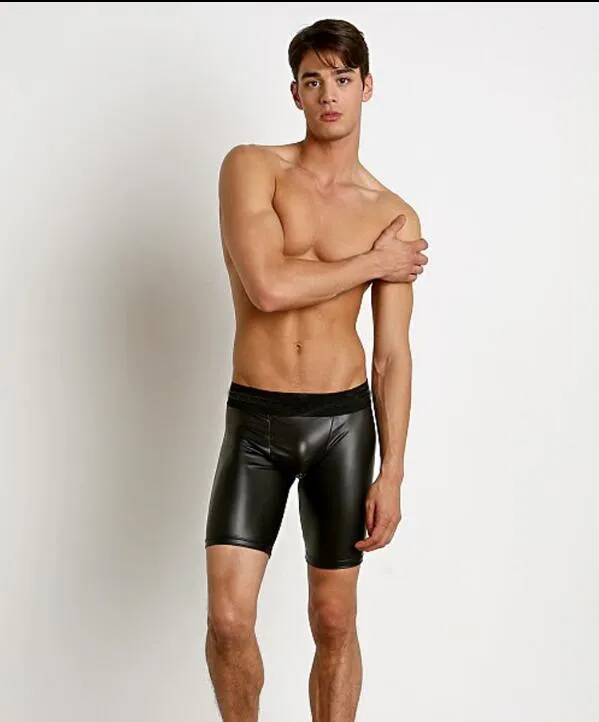 Leather Sexy Solid Black Short Men Boxer