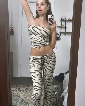 Leopard Flare Pants Suit Crop Tube Top  Women Strapless Tank Top Low Rise Trousers Hottie Y2K Casual Outfit Streetwear