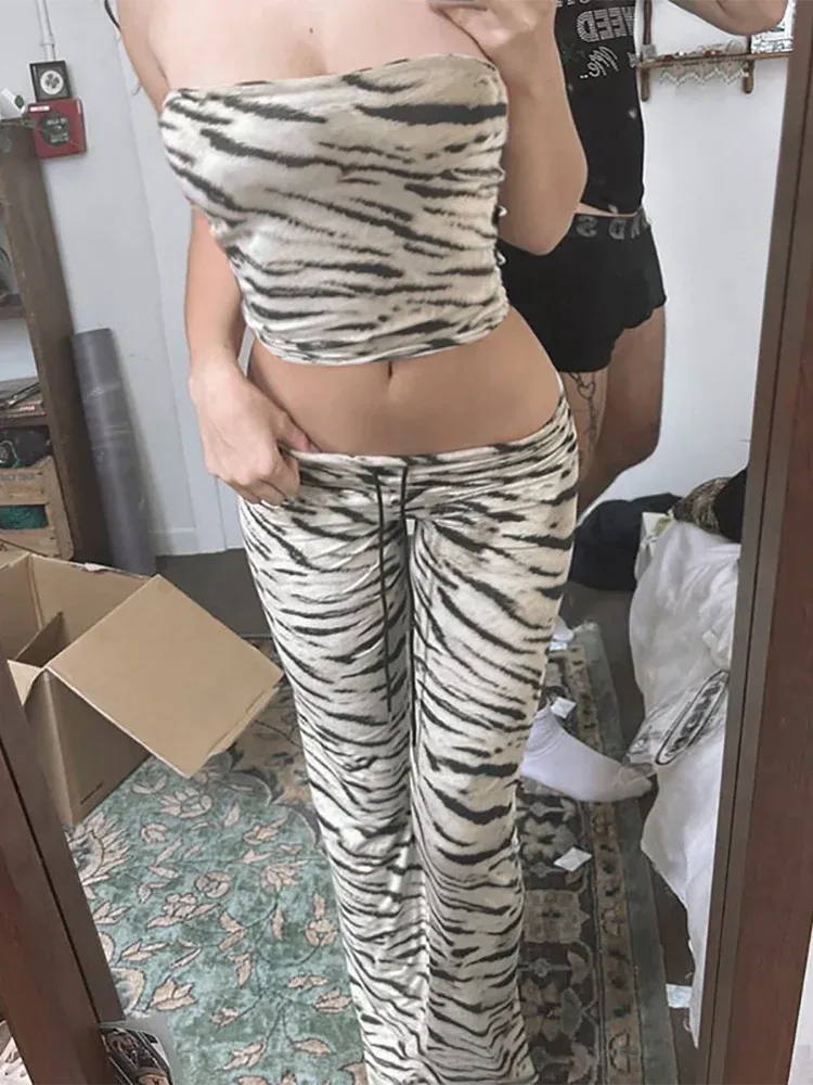 Leopard Flare Pants Suit Crop Tube Top  Women Strapless Tank Top Low Rise Trousers Hottie Y2K Casual Outfit Streetwear