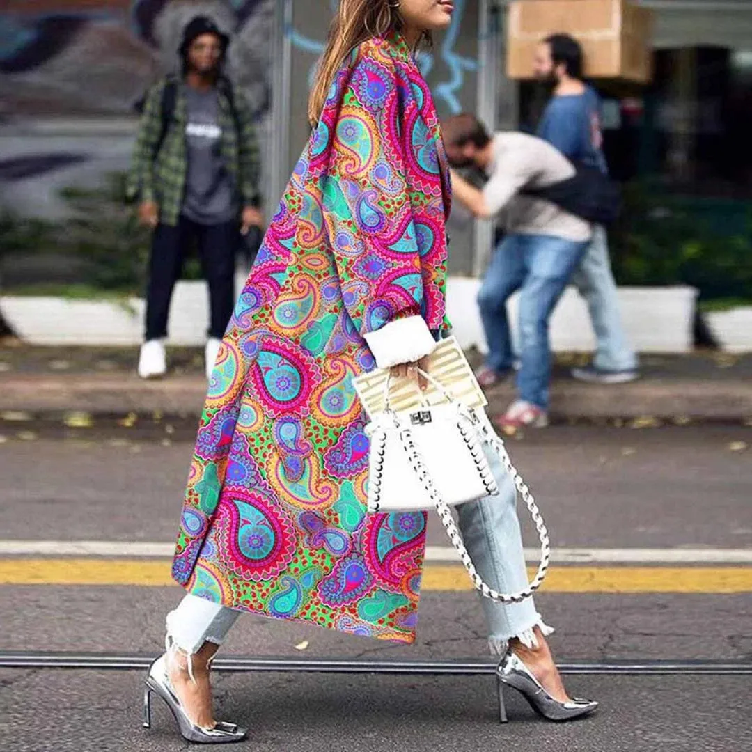 Long lapel printed double-breasted long-sleeved flower trench coat