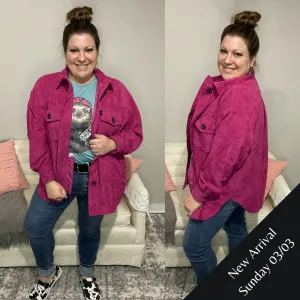 Magenta Corduroy Shacket with Pockets