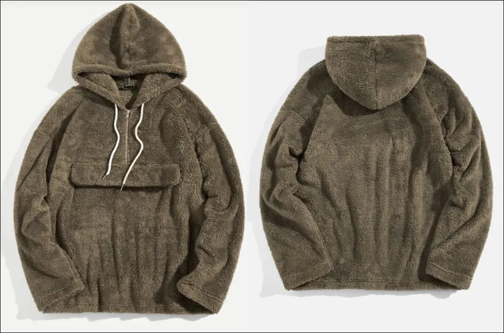 Men Zip Front Drawstring Hoodie Teddy Anorak Sherpa Jacket