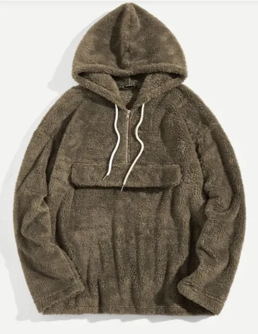 Men Zip Front Drawstring Hoodie Teddy Anorak Sherpa Jacket