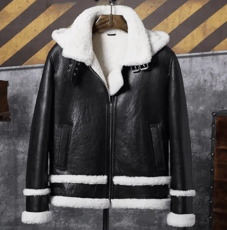 Mens Black Sheepskin Leather Bomber Jacket With Hood