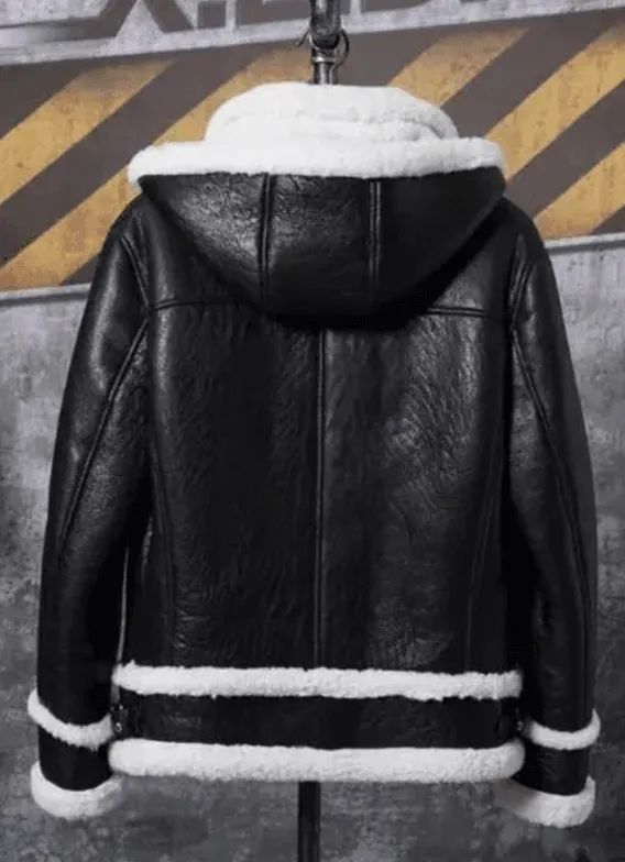 Mens Black Sheepskin Leather Bomber Jacket With Hood