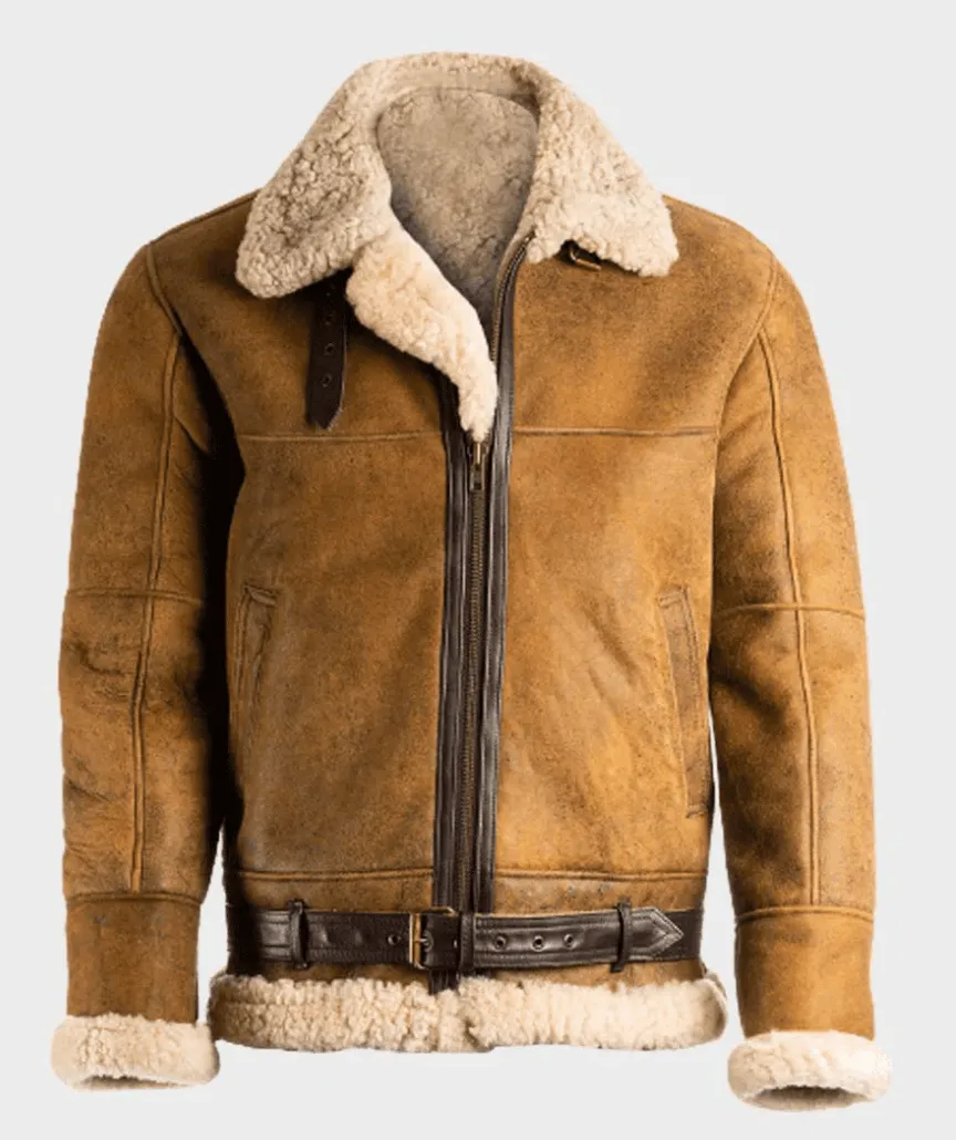 Mens Brown Leather Aviator B3 Shearling Bomber Jacket