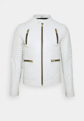 Men's White Leather Biker Jacket