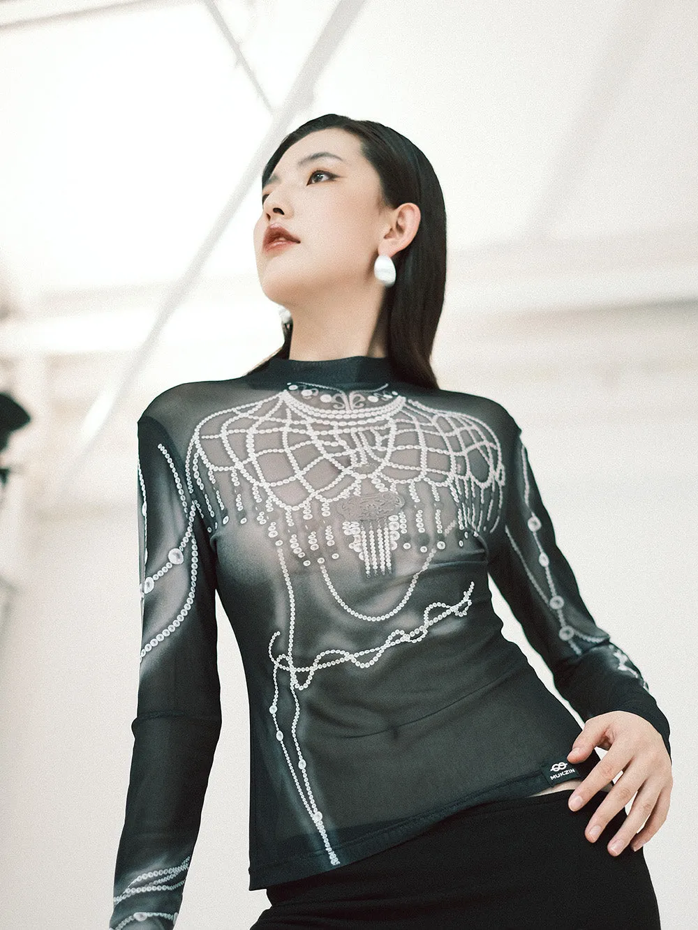 MUKZIN Linglong "Pearl" Printed Base Layer See-through Gauze Top