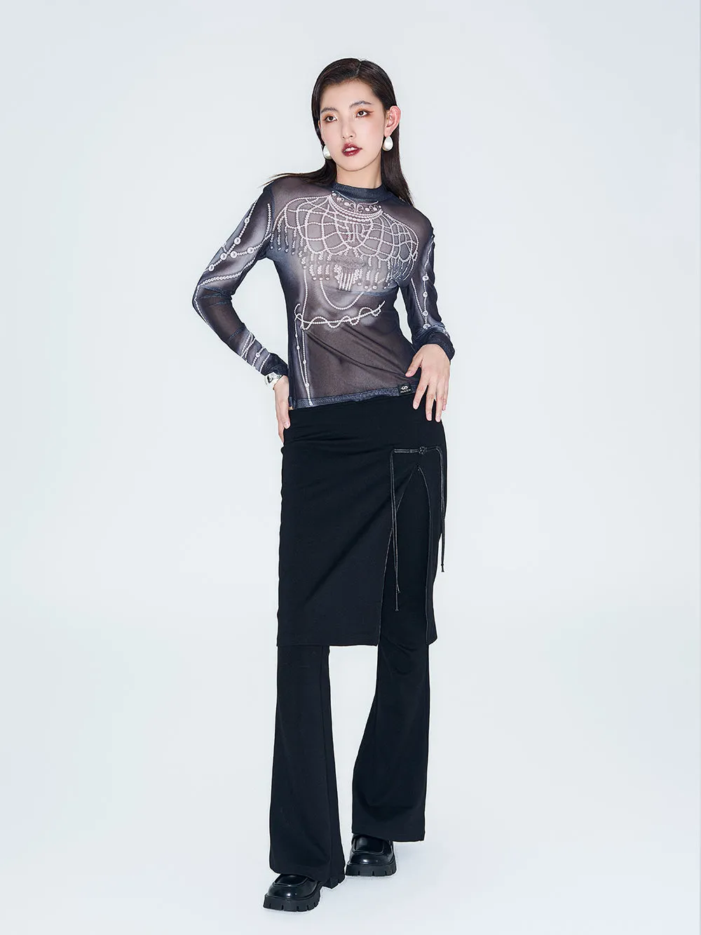 MUKZIN Linglong "Pearl" Printed Base Layer See-through Gauze Top