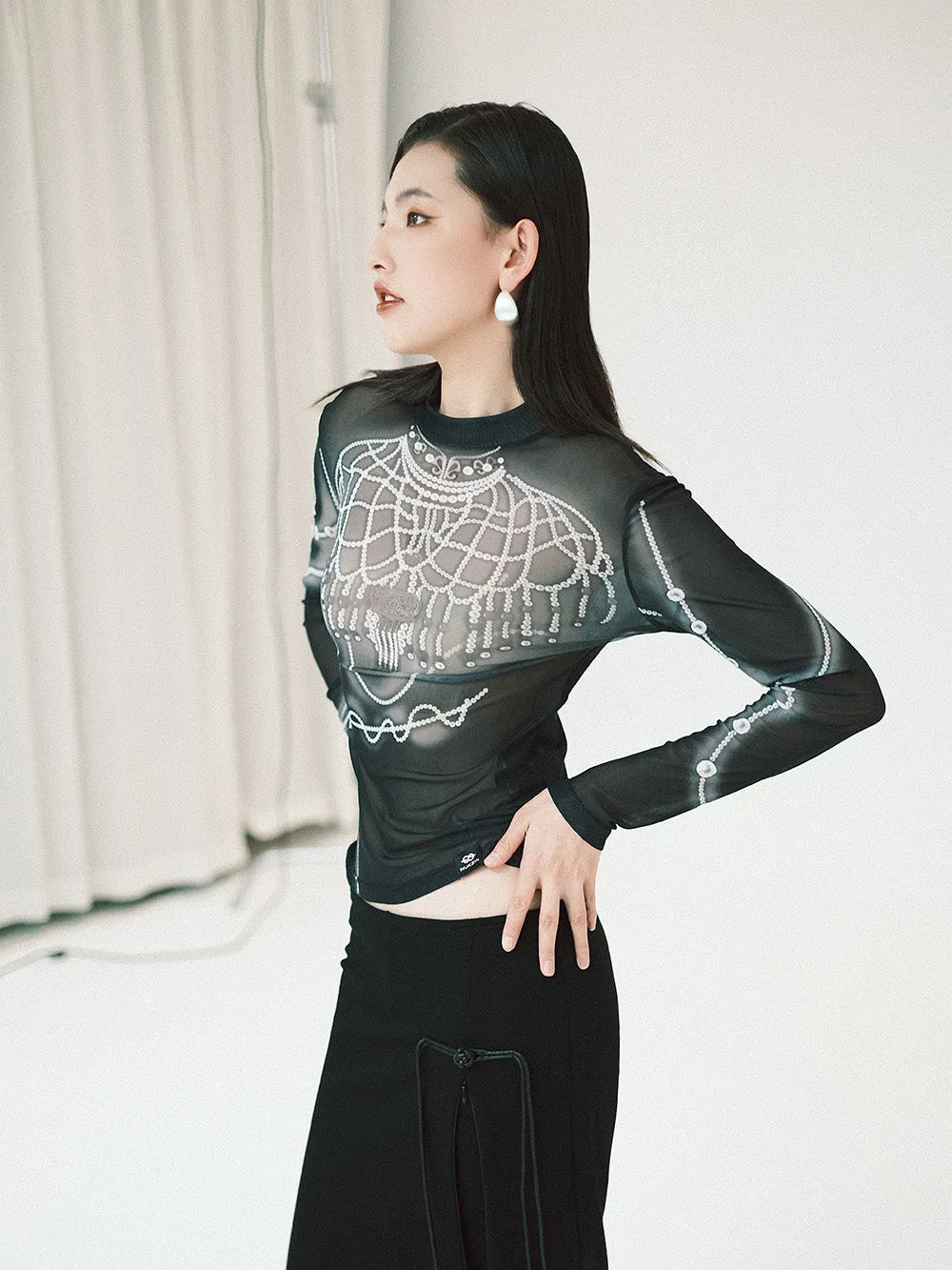 MUKZIN Linglong "Pearl" Printed Base Layer See-through Gauze Top