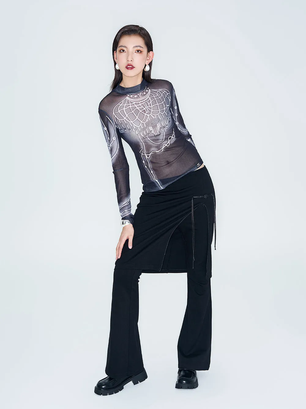 MUKZIN Linglong "Pearl" Printed Base Layer See-through Gauze Top