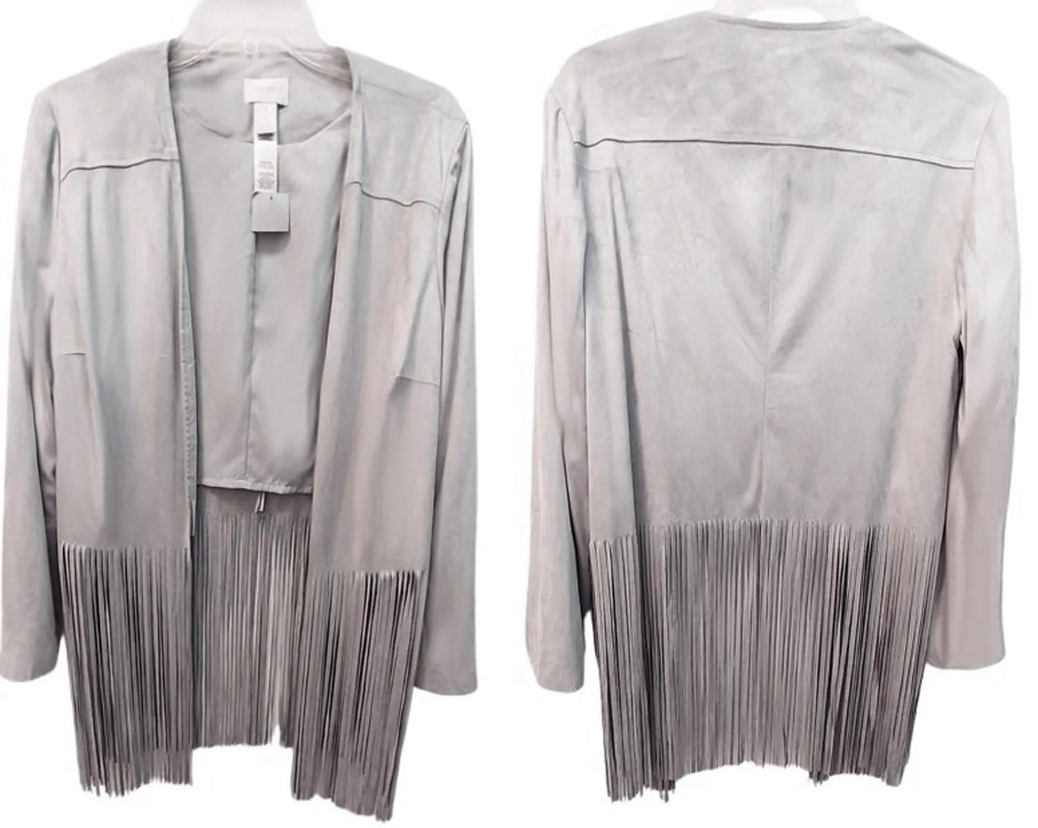 NEW WITH TAG - CHICO'S FAUX SUEDE JACKET WITH FABULOUS 14" FRINGE IN A SILVERY DOVE GRAY - WOULD MAKE A WONDERFUL CHRISTMAS OR BIRTHDAY GIFT