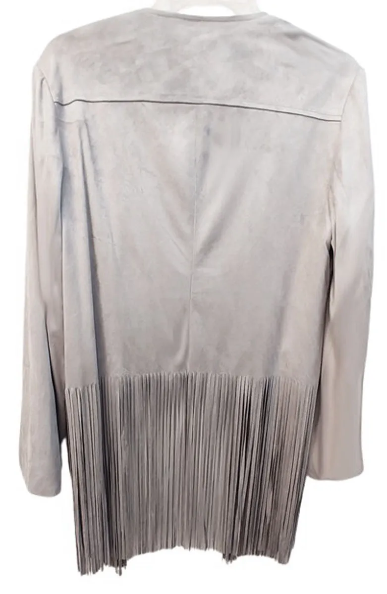 NEW WITH TAG - CHICO'S FAUX SUEDE JACKET WITH FABULOUS 14" FRINGE IN A SILVERY DOVE GRAY - WOULD MAKE A WONDERFUL CHRISTMAS OR BIRTHDAY GIFT