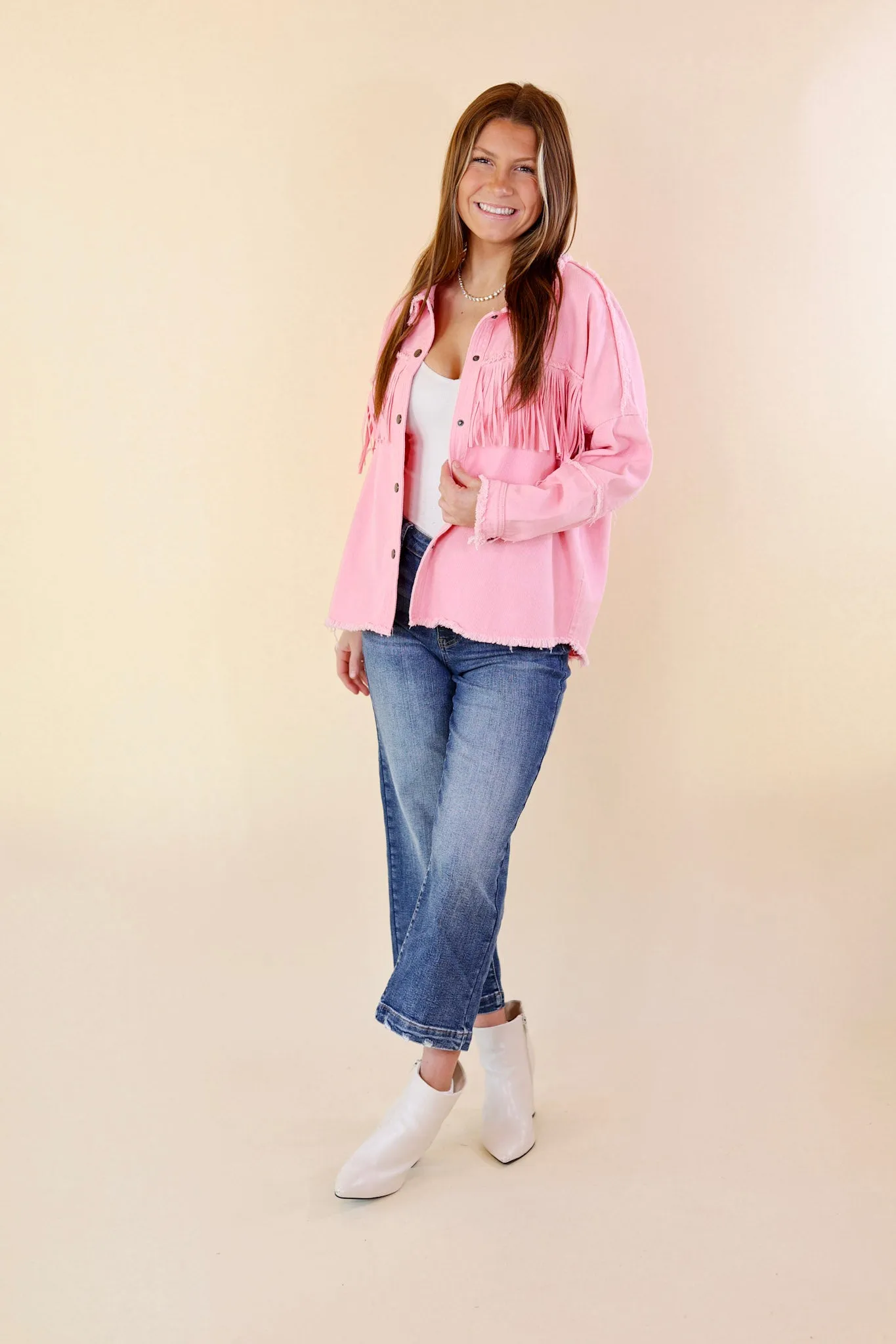 Not A Secret Fringe Button Up Jacket with Raw Hem in Electric Pink