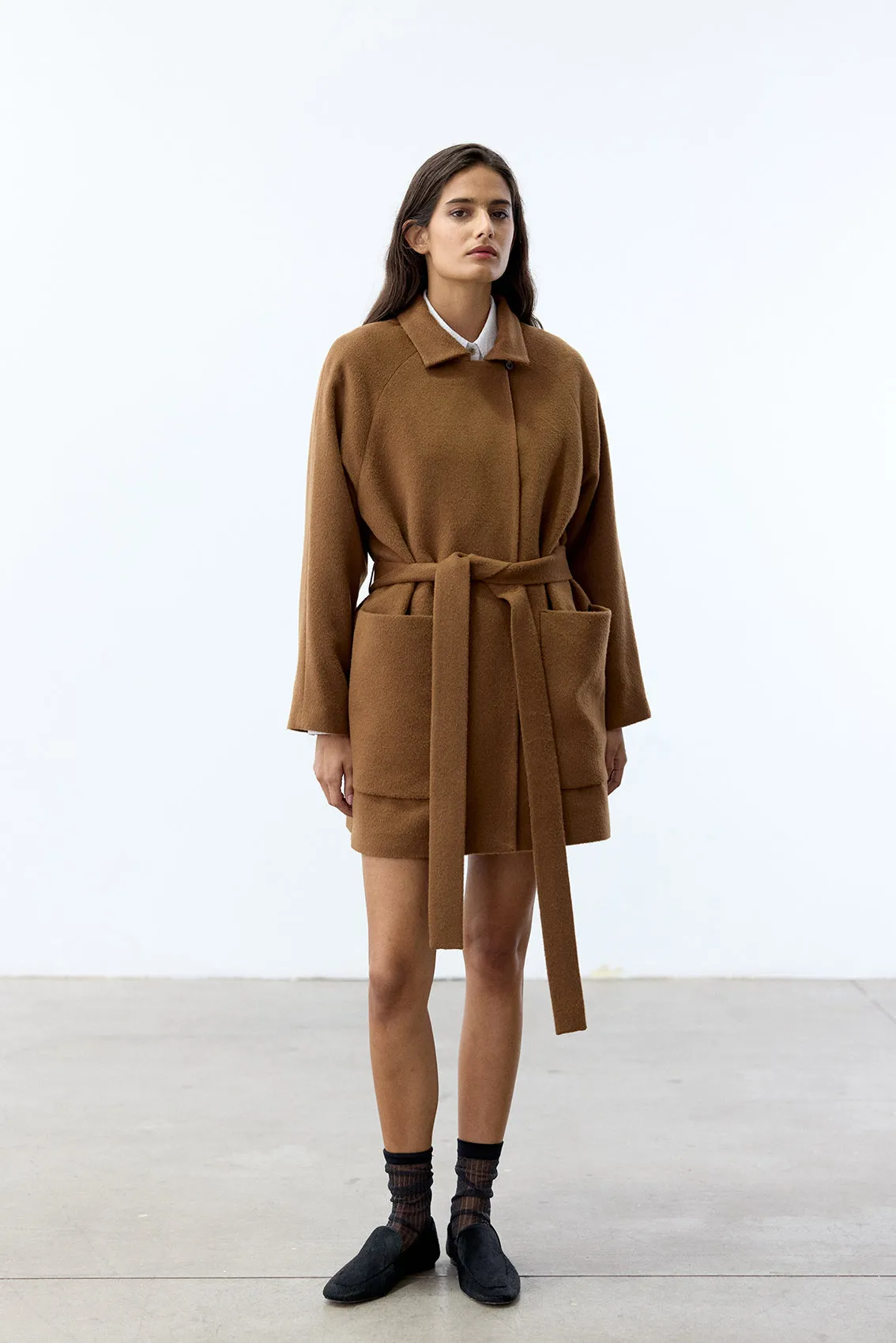 Notch Collar Short Baby Alpaca Coat - Camel