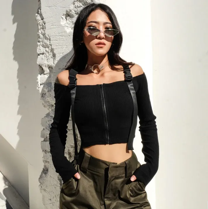 Off Shoulder Long Sleeve Crop Top T Shirt