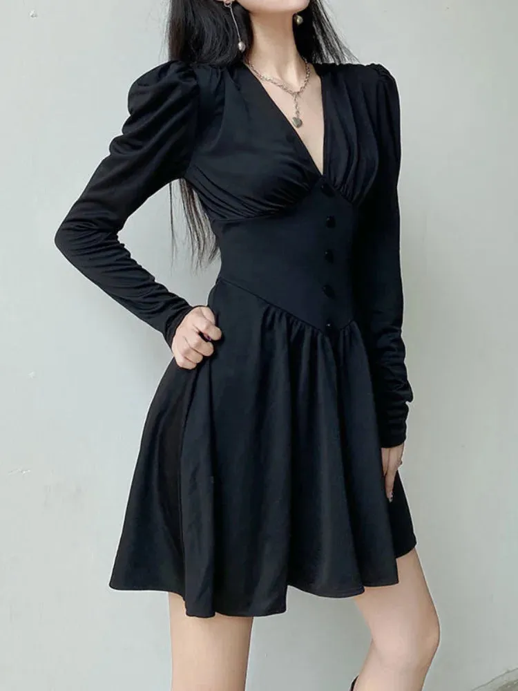 Office Ladies Wrap Bodycon Black Dress Women Korean Style Slim Short Dresses Party Autumn Long Sleeve Robes Kpop