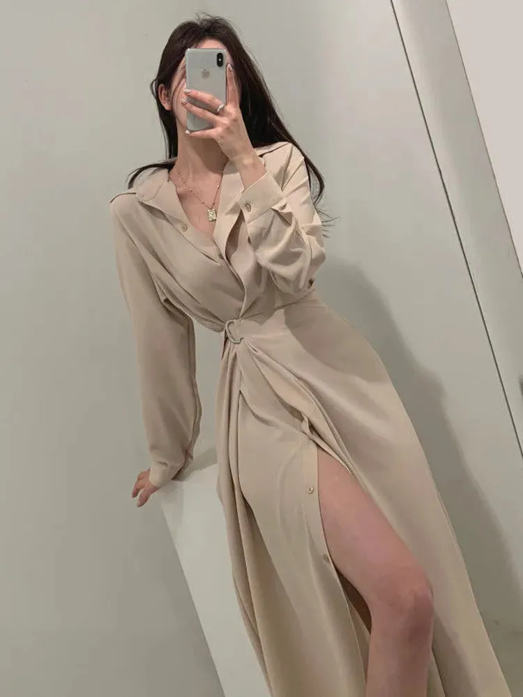 Office Ldies Black Shirt Dresses Women Korean Kpop Fashion Wrap Belt Dress Vintage Elegant Split Solid Spring