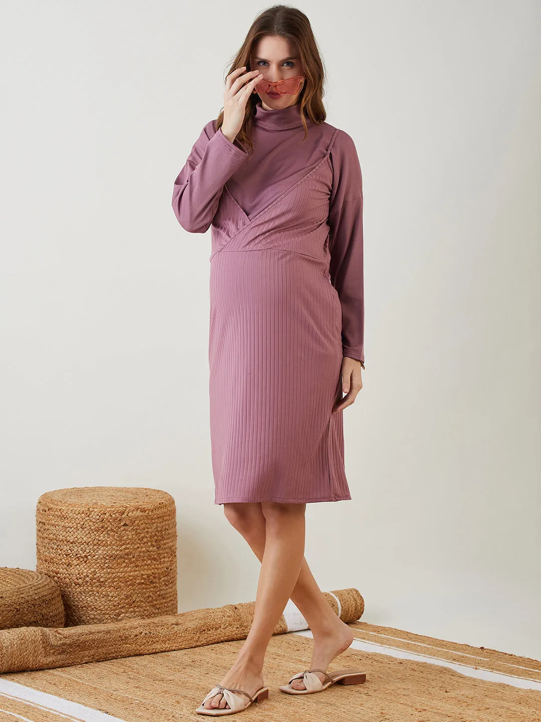 Onion Pink Maternity Dress with Turtle Neck Top