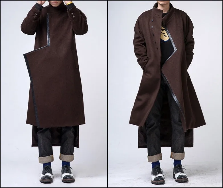 Oversized Wool Long Jacket / Leather Trimed Extravagant Coat