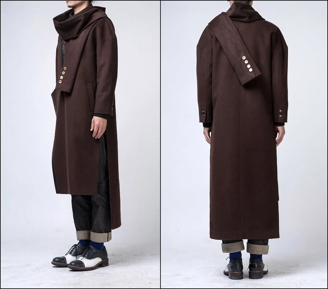 Oversized Wool Long Jacket / Leather Trimed Extravagant Coat